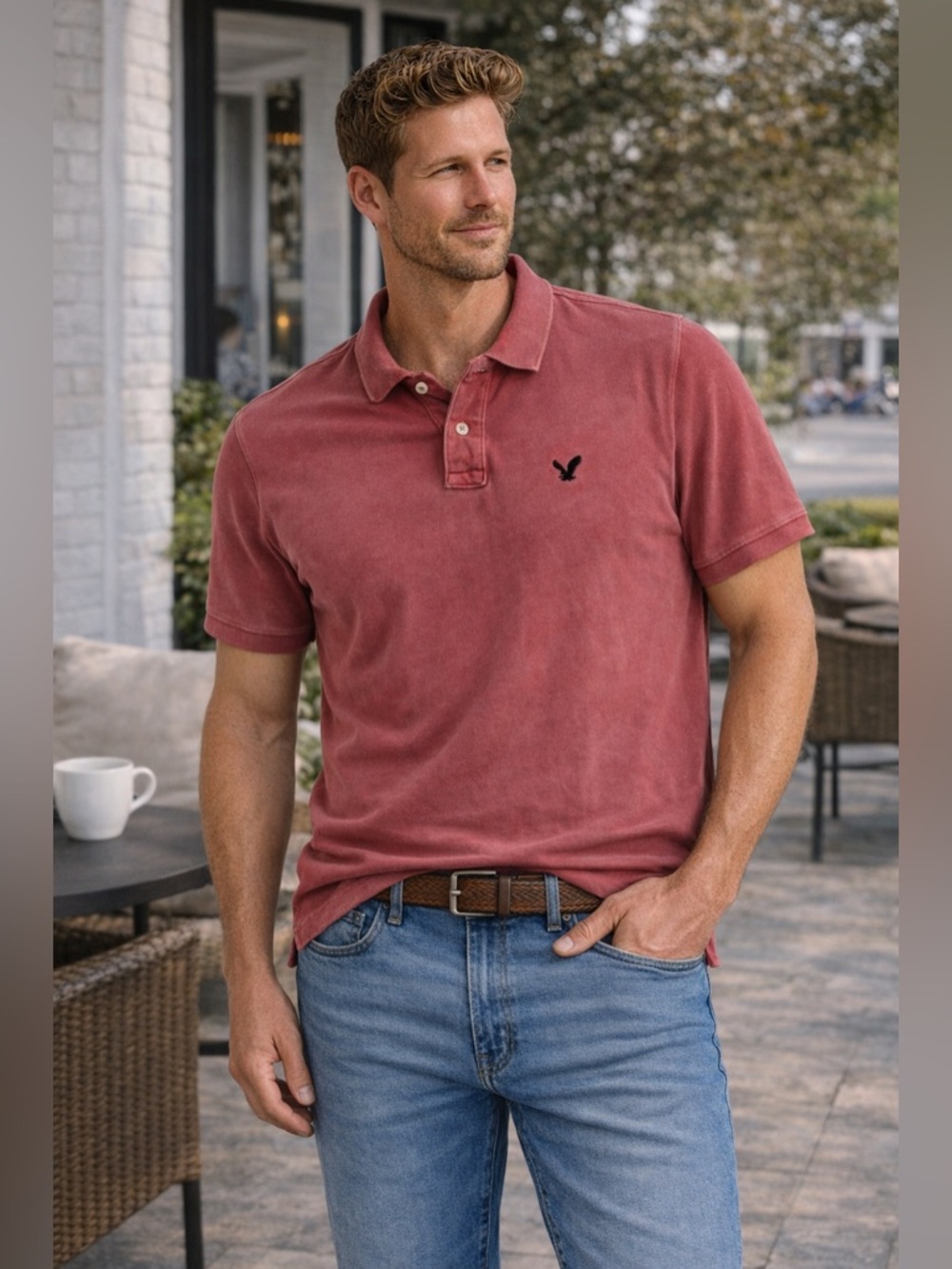 American Eagle Faded Red Polo Shirt XL Classic Fit Vintage Wash Casual Normcore